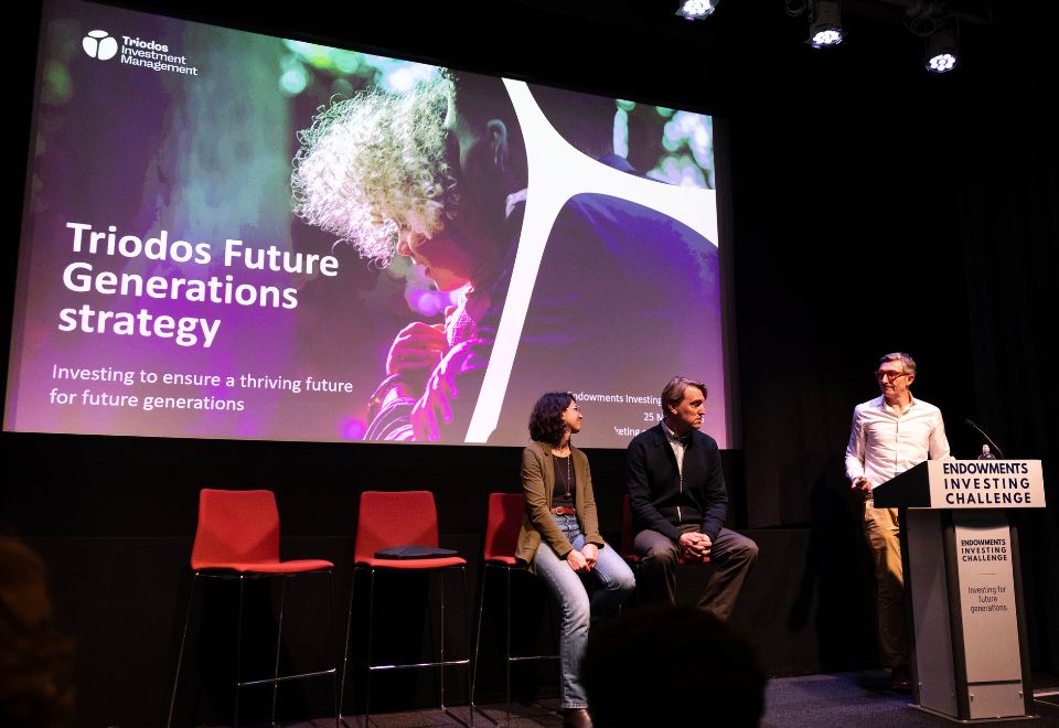 Triodos Investment Management presenting at the Endowments Investing Challenge. Left to right we see Federica Masut, Sjoerd Rozing and Adam Robbins